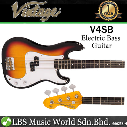 Vintage V4SB Reissued Series 4 String Bolt-On Alder Wood Body Electric Bass Guitar Sunburst (V4 SB)