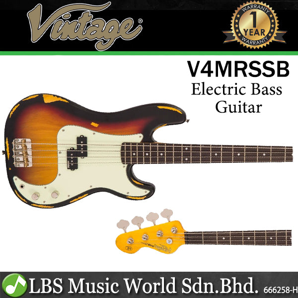 Vintage V4MRSSB Icon Series 4 String Eastern Poplar Body Electric Bass Guitar Distressed Sunset Sunburst (V4 MRSSB)