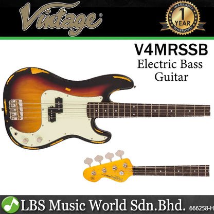 Vintage V4MRSSB Icon Series 4 String Eastern Poplar Body Electric Bass Guitar Distressed Sunset Sunburst (V4 MRSSB)