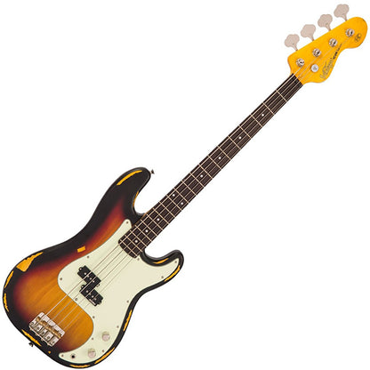 Vintage V4MRSSB Icon Series 4 String Eastern Poplar Body Electric Bass Guitar Distressed Sunset Sunburst (V4 MRSSB)