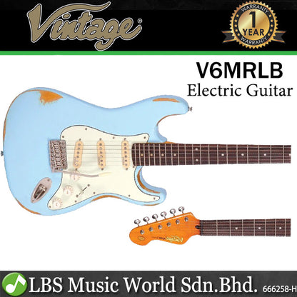 Vintage V6MRLB Icon Series Eastern Poplar Body SSS Pickup Electric Guitar Distressed Laguna Blue (V6 MRLB)