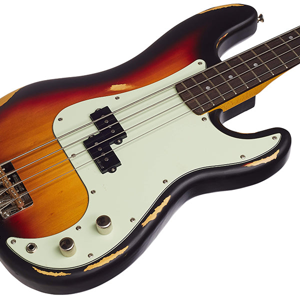 Vintage V4MRSSB Icon Series 4 String Eastern Poplar Body Electric Bass Guitar Distressed Sunset Sunburst (V4 MRSSB)