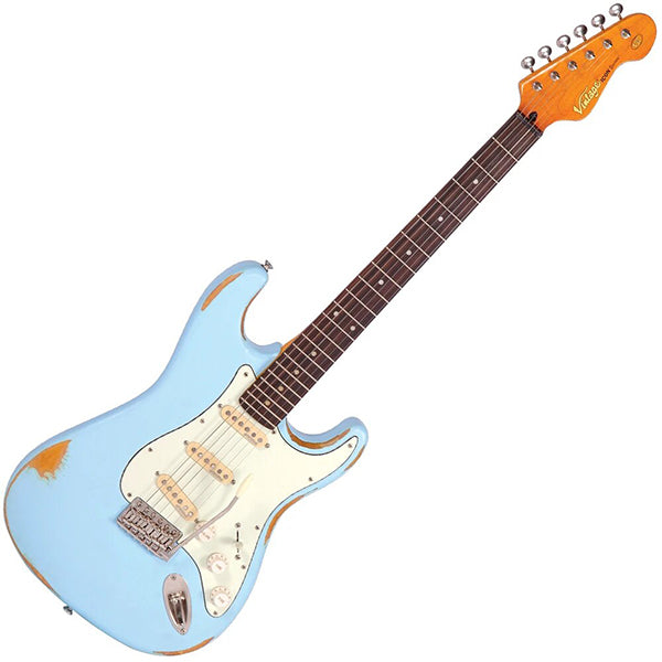 Vintage V6MRLB Icon Series Eastern Poplar Body SSS Pickup Electric Guitar Distressed Laguna Blue (V6 MRLB)