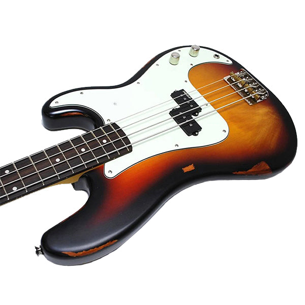 Vintage V4MRSSB Icon Series 4 String Eastern Poplar Body Electric Bass Guitar Distressed Sunset Sunburst (V4 MRSSB)