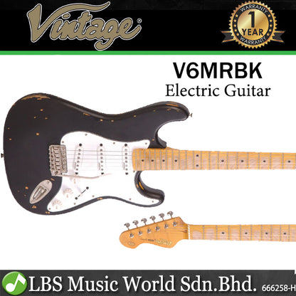 Vintage V6MRBK Icon Series Eastern Poplar Body SSS Pickup Electric Guitar Distressed Boulevard Black (V6 MRBK)