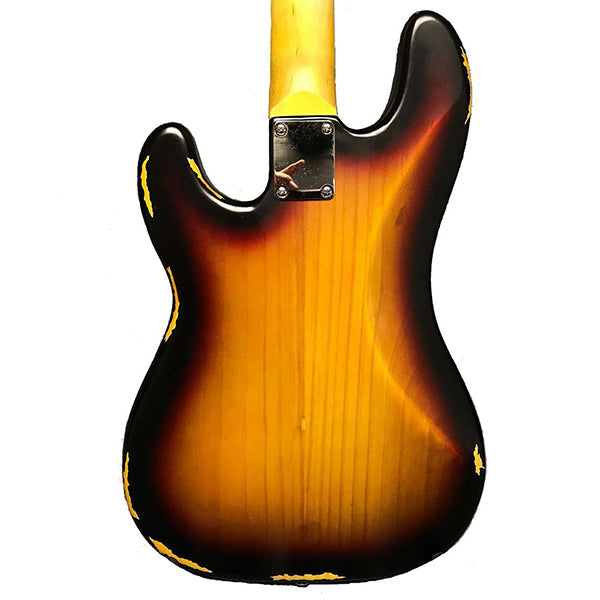 Vintage V4MRSSB Icon Series 4 String Eastern Poplar Body Electric Bass Guitar Distressed Sunset Sunburst (V4 MRSSB)