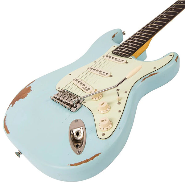 Vintage V6MRLB Icon Series Eastern Poplar Body SSS Pickup Electric Guitar Distressed Laguna Blue (V6 MRLB)