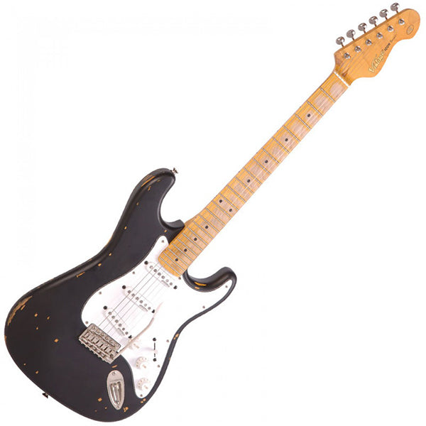 Vintage V6MRBK Icon Series Eastern Poplar Body SSS Pickup Electric Guitar Distressed Boulevard Black (V6 MRBK)