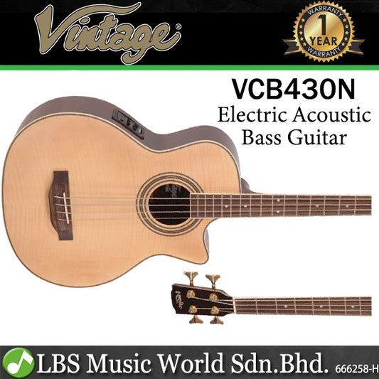 Vintage VCB430N Solid Spruce Top with Flame Maple Veneer 4 String Electro-Acoustic Bass Satin Natural Ash (VCB 430N)