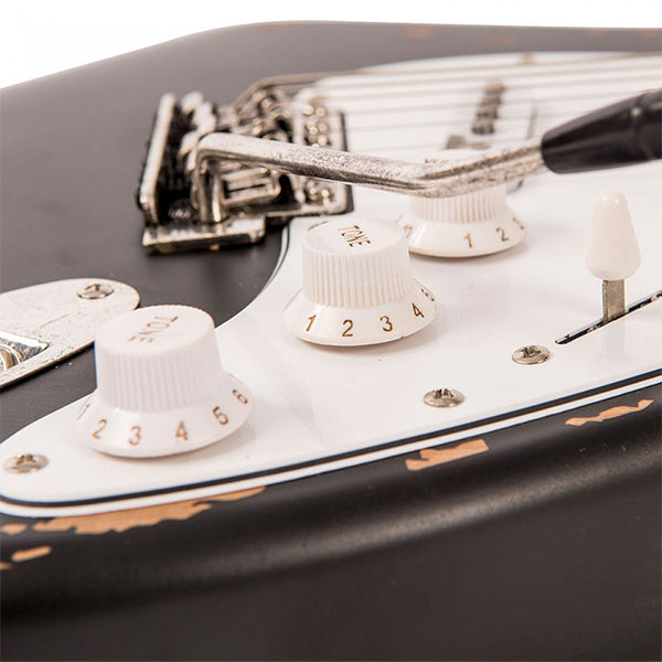 Vintage V6MRBK Icon Series Eastern Poplar Body SSS Pickup Electric Guitar Distressed Boulevard Black (V6 MRBK)
