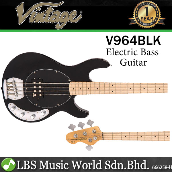 Vintage V964BLK Reissued Series Eastern Poplar Body Bolt On 4 String Active Pickup Electric Bass Guitar Gloss Black (V964 BLK)