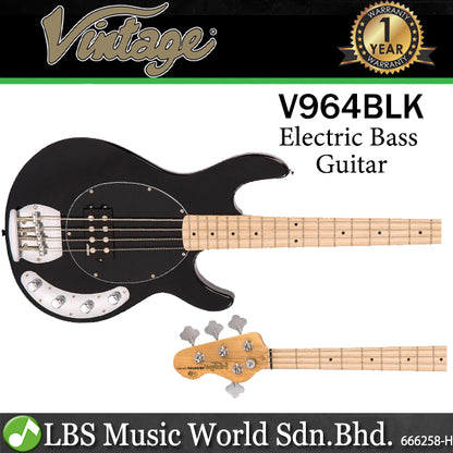 Vintage V964BLK Reissued Series Eastern Poplar Body Bolt On 4 String Active Pickup Electric Bass Guitar Gloss Black (V964 BLK)