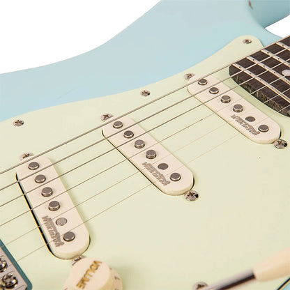 Vintage V6MRLB Icon Series Eastern Poplar Body SSS Pickup Electric Guitar Distressed Laguna Blue (V6 MRLB)