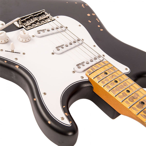 Vintage V6MRBK Icon Series Eastern Poplar Body SSS Pickup Electric Guitar Distressed Boulevard Black (V6 MRBK)