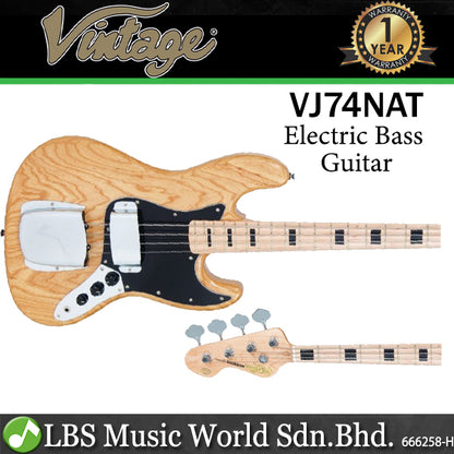 Vintage VJ74NAT Reissued Series Eastern Poplar Body Jazz Style 4 String Electric Bass Guitar Natural (VJ74 NAT)
