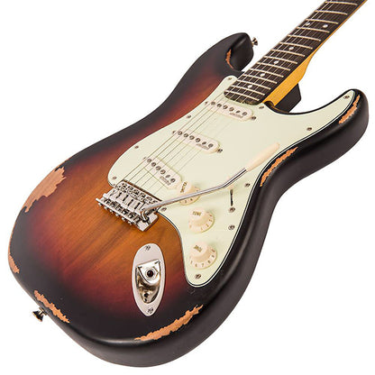 Vintage V6MRSSB Icon Series Eastern Poplar Body HSS Pickup Electric Guitar Distressed Sunburst (V6 MRSSB)