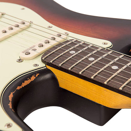 Vintage V6MRSSB Icon Series Eastern Poplar Body HSS Pickup Electric Guitar Distressed Sunburst (V6 MRSSB)