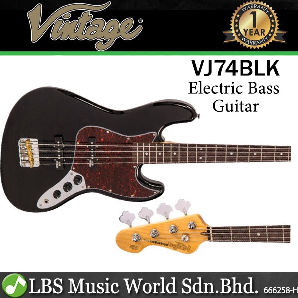Vintage VJ74BLK Reissued Series Eastern Poplar Body Bolt On Electric Bass Guitar Gloss Black (VJ74 BLK)