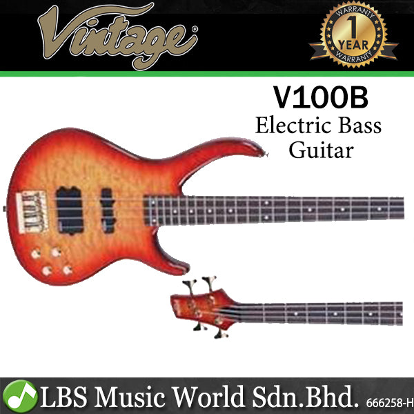 Vintage V1004B 4 String Thru Neck Solid Bubinga Body Active Pickup Electric Bass Guitar (V100 4B)