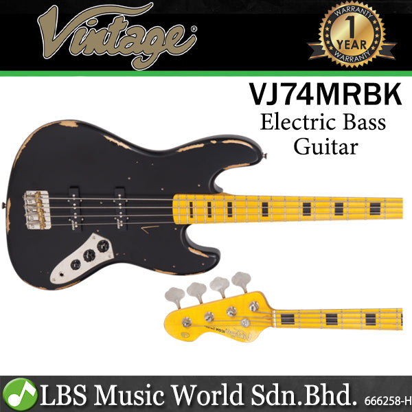 Vintage VJ74MRBK Icon Series 4 Strings Eastern Poplar Body Bolt On Jazz Electric Bass Guitar Distressed Black (VJ74 MRBK)