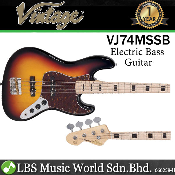 Vintage VJ74MSSB Icon Series 4 Strings Eastern Poplar Body Bolt On Jazz Electric Bass Guitar Sunset Sunburst (VJ74 MSSB)