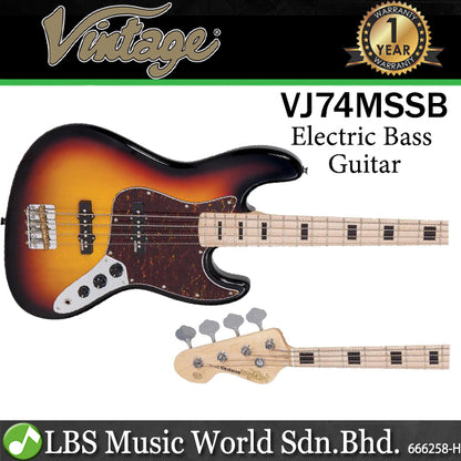 Vintage VJ74MSSB Icon Series 4 Strings Eastern Poplar Body Bolt On Jazz Electric Bass Guitar Sunset Sunburst (VJ74 MSSB)