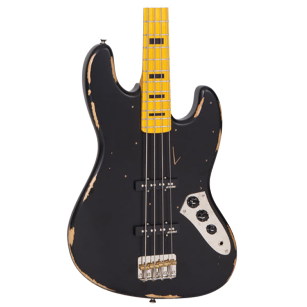 Vintage VJ74MRBK Icon Series 4 Strings Eastern Poplar Body Bolt On Jazz Electric Bass Guitar Distressed Black (VJ74 MRBK)