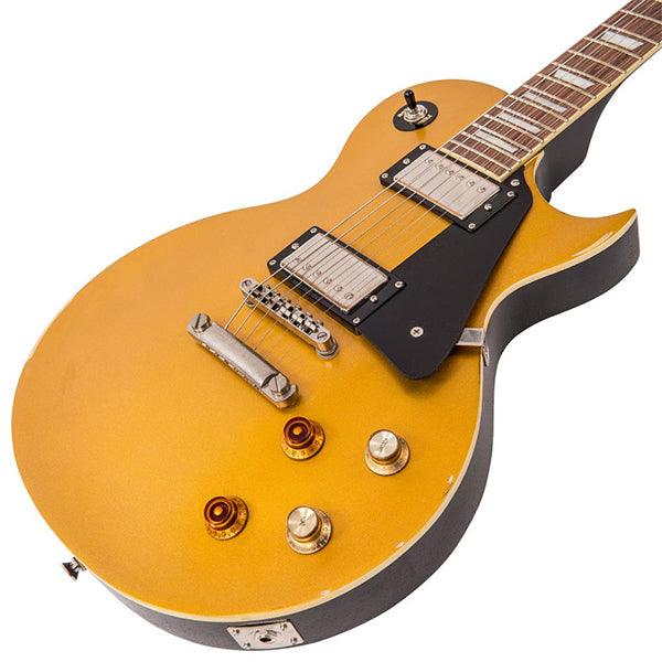 Vintage V100MRJBM Icon Series Mahagony Body HH Pickup Electric Guitar Distressed Gold Top (V100 MRJBM)
