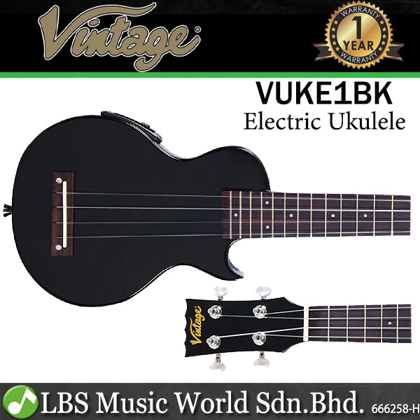 Vintage VUKE1BK Eastern Poplar Body Soprano Size Piezo Pickup Electric Ukulele Hawaii Guitar Gloss Black (VUKE 1BK)