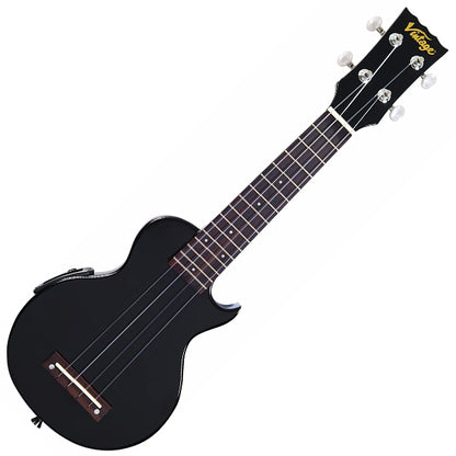 Vintage VUKE1BK Eastern Poplar Body Soprano Size Piezo Pickup Electric Ukulele Hawaii Guitar Gloss Black (VUKE 1BK)