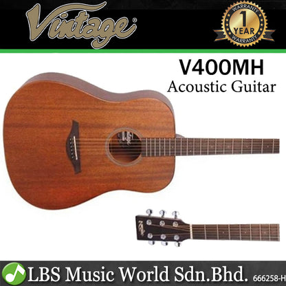 Vintage V400MH Dreadnought Mahogany Body Acoustic Guitar Natural Satin Finish (V400 MH)