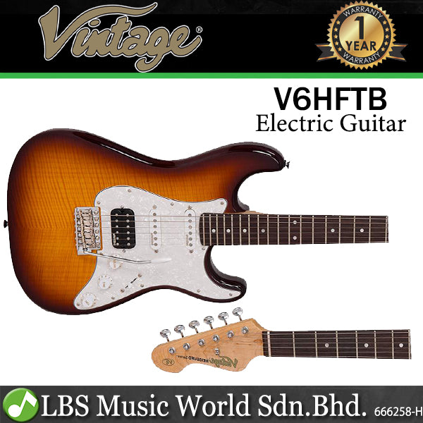 Vintage V6HFTB Custom Spec Alder Body SSH Pickup Vibrato Electric Guitar Flame Tobacco Burst (V6H FTB)