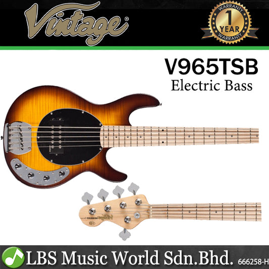Vintage V965TSB Reissued Eastern Poplar Body 5-String Active Bass Flamed Tobacco Sunburst (V96 5TSB)