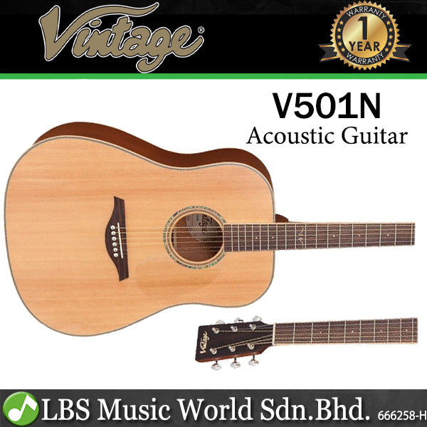 Vintage V501N Dreadnought Solid Sitka Spruce Top Acoustic Guitar Satin Natural (V501 N)