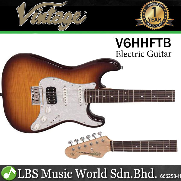 Vintage V6HHFTB Custom Spec Alder Body SSH Pickup Hardtail Vibrato Electric Guitar Flame Tobacco Burst (V6H HFTB)