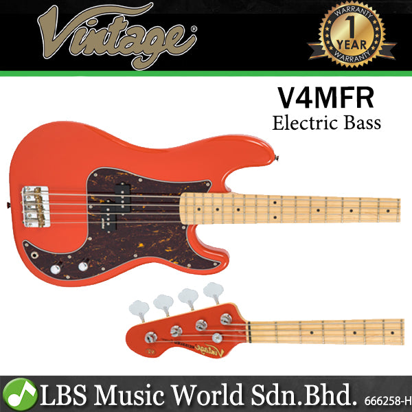 Vintage V4MFR Reissued Bolt On Alder Body 4-String Bass Guitar Firenza Red (V4 MFR)