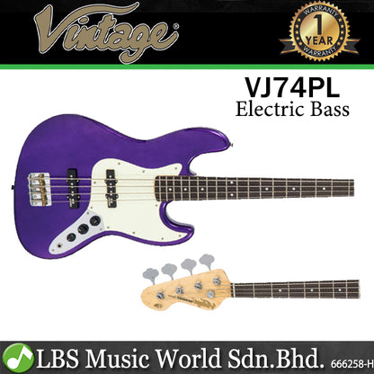 Vintage VJ74PL Reissued Ash Wood Body Bolt On 4-String Bass Guitar Purple (VJ74 PL)