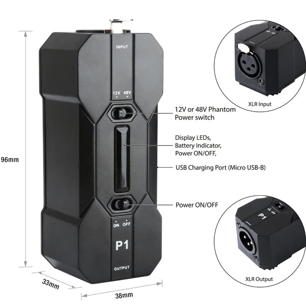 Xvive P1 Rechargeable Portable Phantom Power Supply for Condenser Microphones Mic (P 1)