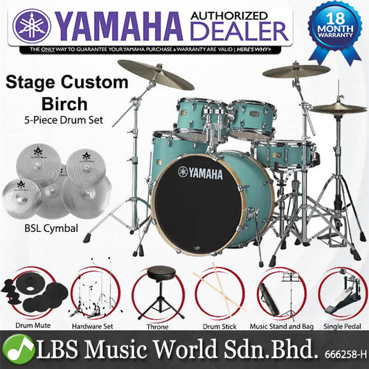 Yamaha SBP2F5 5 Piece Stage Custom Birch Acoustic Drum Set with Cymbal Package - Matte Surf Green