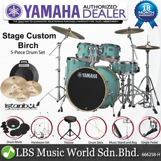 Yamaha SBP2F5 5 Piece Stage Custom Birch Acoustic Drum Set with Cymbal Package - Matte Surf Green