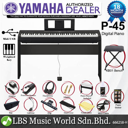 Yamaha P-45 88 Key Digital Piano Deluxe Plus Package Keyboard (P45 / P 45)
