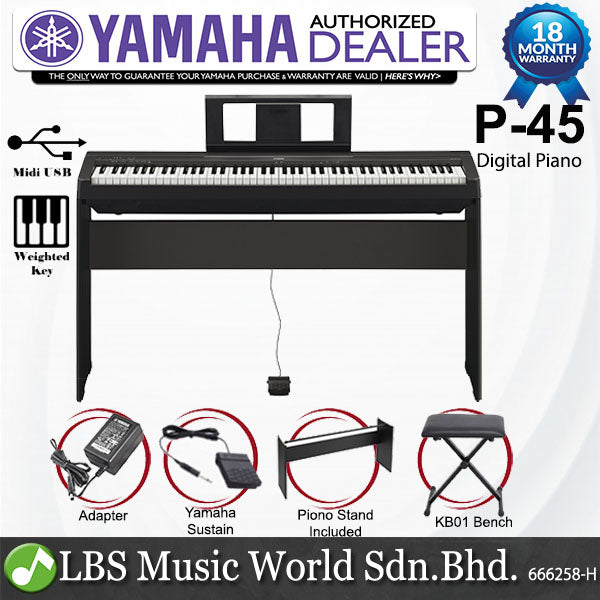 Yamaha P-45 88 Key Digital Piano Deluxe Plus Package Keyboard (P45 / P 45)