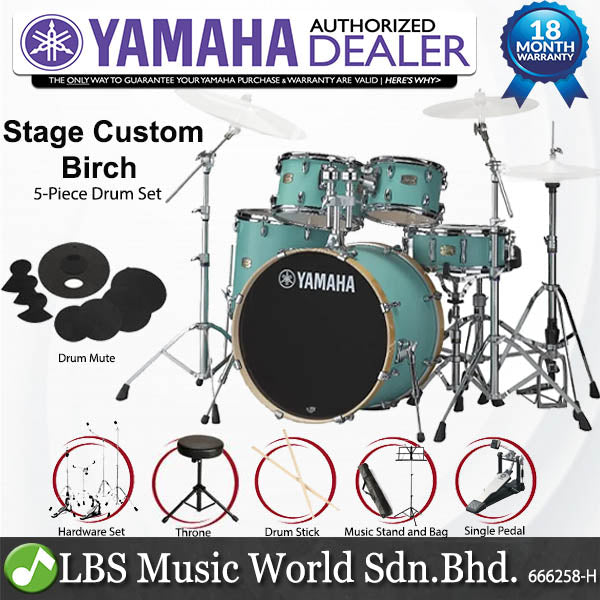 Yamaha SBP2F5 5 Piece Stage Custom Birch Acoustic Drum Set with Cymbal Package - Matte Surf Green
