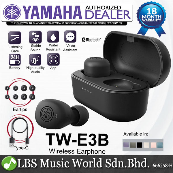 Yamaha TW-E3B True Wireless Earbuds with Charging Case, Mic and IPX5 Waterproof (TWE3B TW E3B)