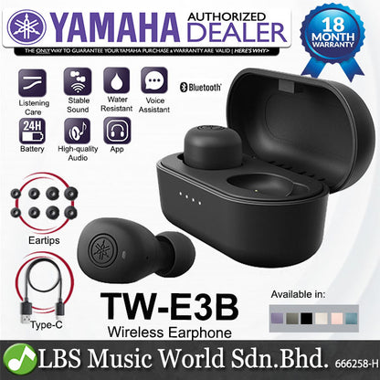 Yamaha TW-E3B True Wireless Earbuds with Charging Case, Mic and IPX5 Waterproof (TWE3B TW E3B)