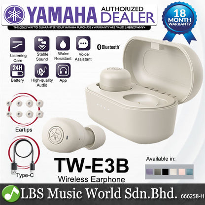Yamaha TW-E3B True Wireless Earbuds with Charging Case, Mic and IPX5 Waterproof (TWE3B TW E3B)