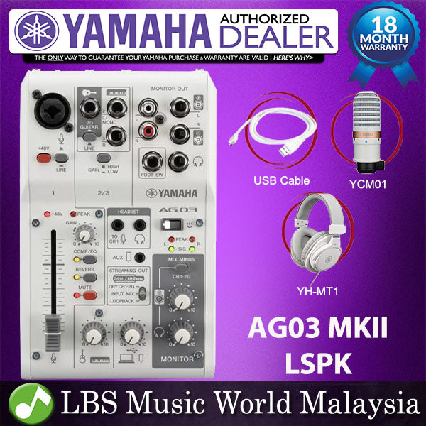 Yamaha AG03MK2 LSPK 3 Channel Live Streaming Pack Mixer with USB Audio Interface, YCM01 Mic and YHMT1 Headphones (AG03 MK2)