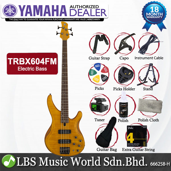 Yamaha TRBX604FM 4 String Active Electric Bass Guitar with Flamed Maple Top Matte Amber (TRBX604 FM)