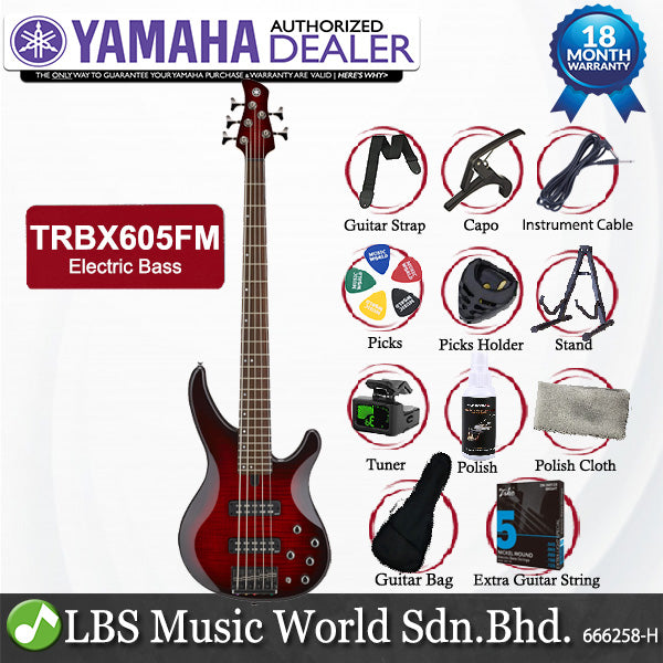 Yamaha TRBX605FM 5 String Electric Active Bass Guitar Flamed Maple Top Dark Red Burst (TRBX605 FM)