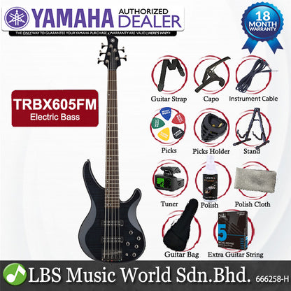Yamaha TRBX605FM 5 String Electric Active Bass Guitar Flamed Maple Top Translucent Black (TRBX605 FM)